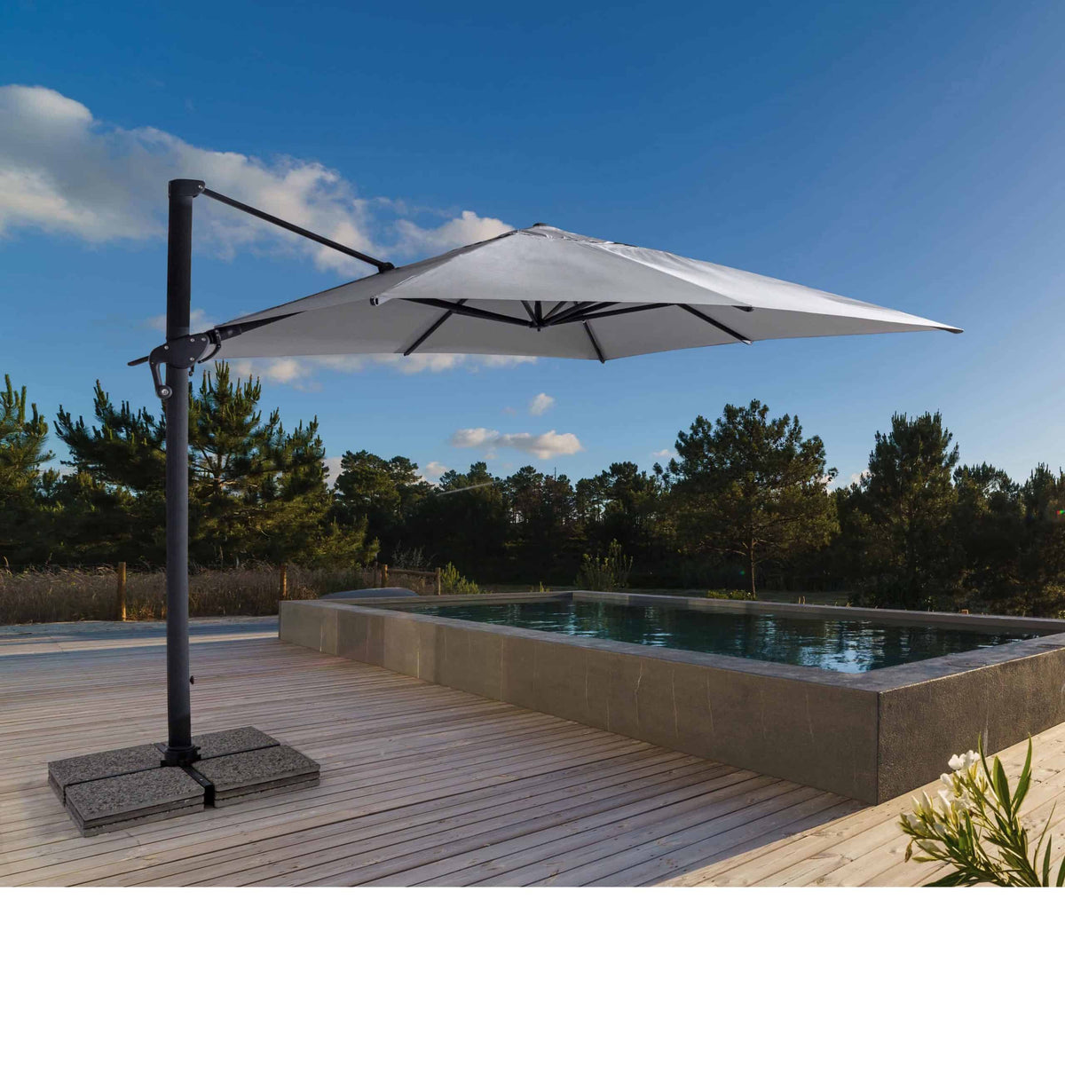 Modern house with garden swimming pool and wooden deck