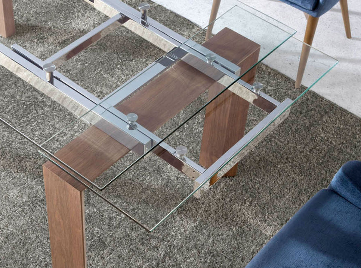 Tavolo da pranzo allungabile rettangolare vetro temperato e noce