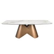 Tavolo da pranzo ovale con fusto in marmo porcellanato e acciaio color bronzo