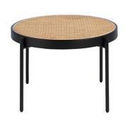 Tavolino rotondo in rattan, legno nero e acciaio nero