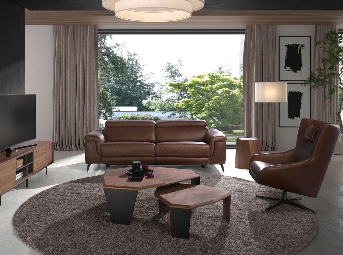 Tavolino asimmetrico in noce e pvc nero