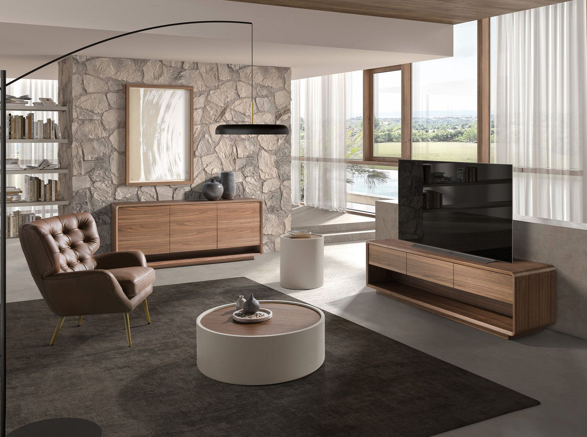 Tavolino da caffè rotondo in noce e legno rivestito in similpelle color sabbia