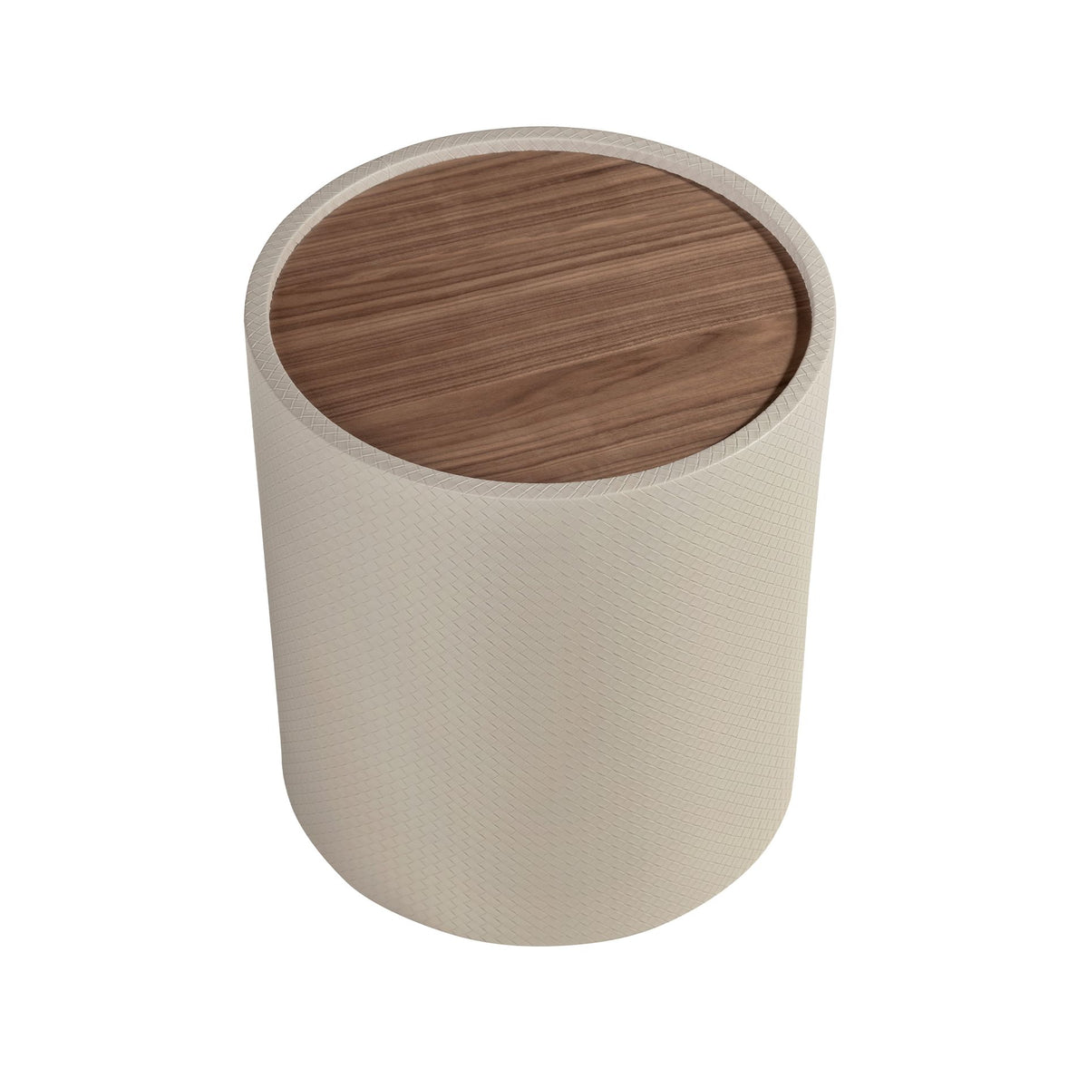 Tavolino rotondo da angolo in noce, noce e legno rivestito in similpelle color sabbia