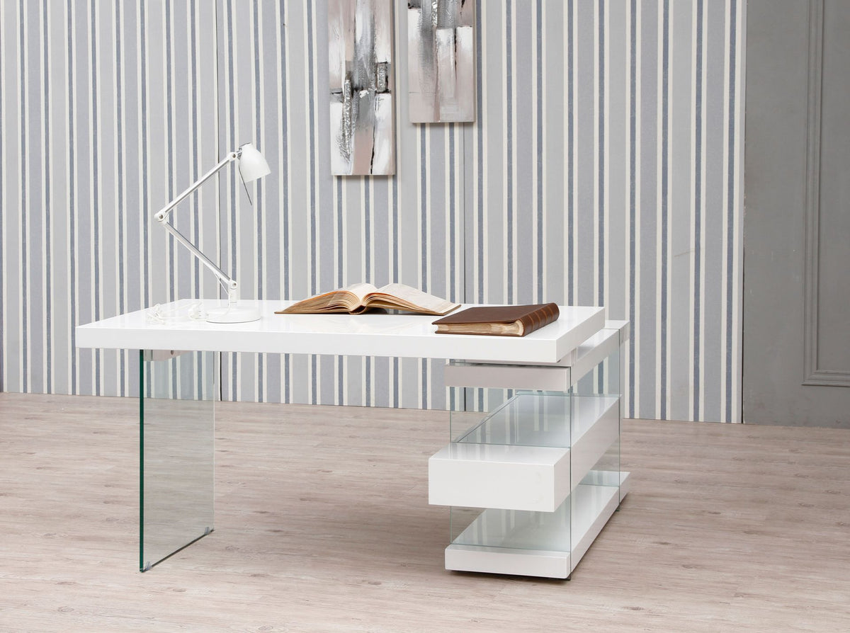 Scrivania in legno bianco e vetro temperato
