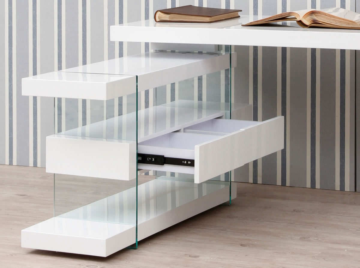 Scrivania in legno bianco e vetro temperato