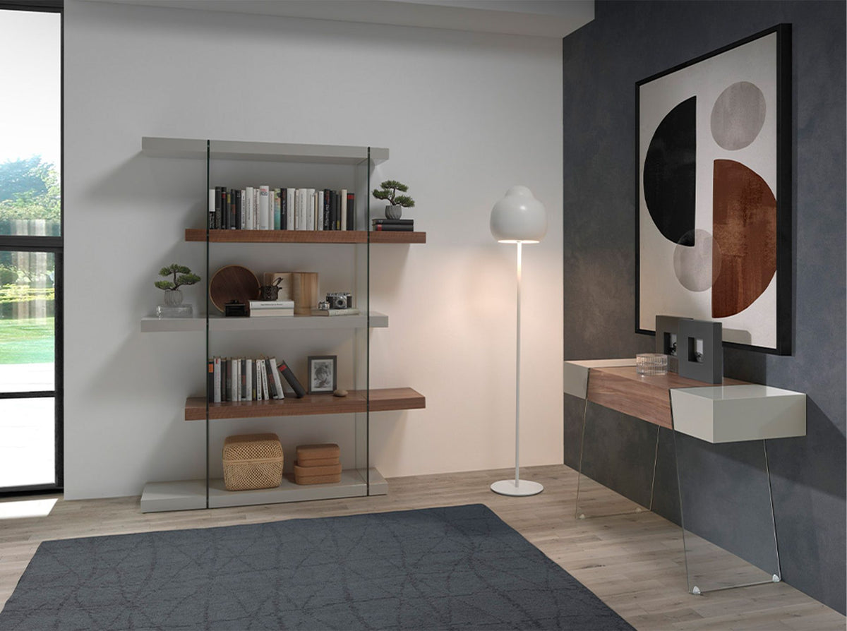 Libreria in legno di noce e vetro