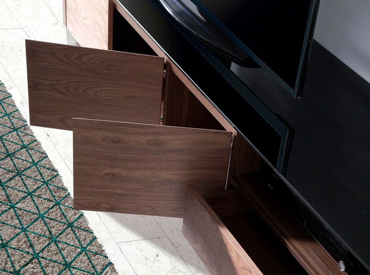 Mobile TV noce, acciaio cromato e piano in vetro nero