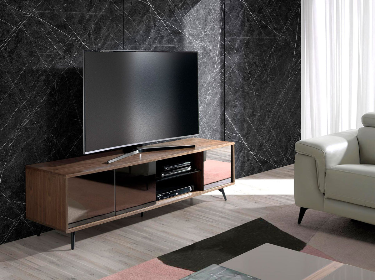 Mobile TV in vetro nero effetto specchio, noce e acciaio nero