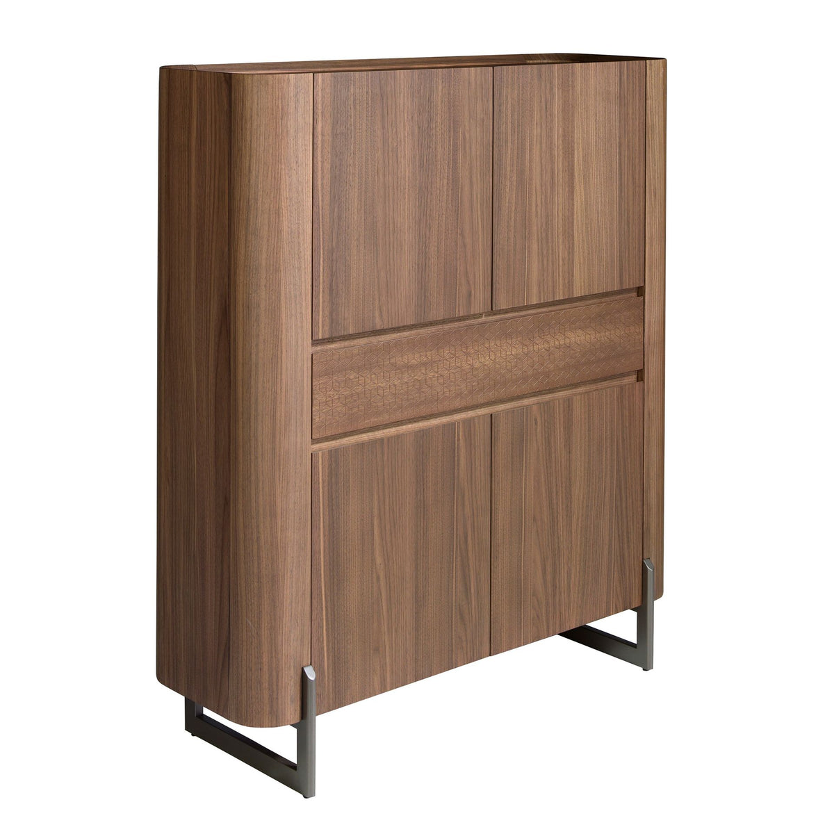 Credenza alta in noce e acciaio scuro metallizzato