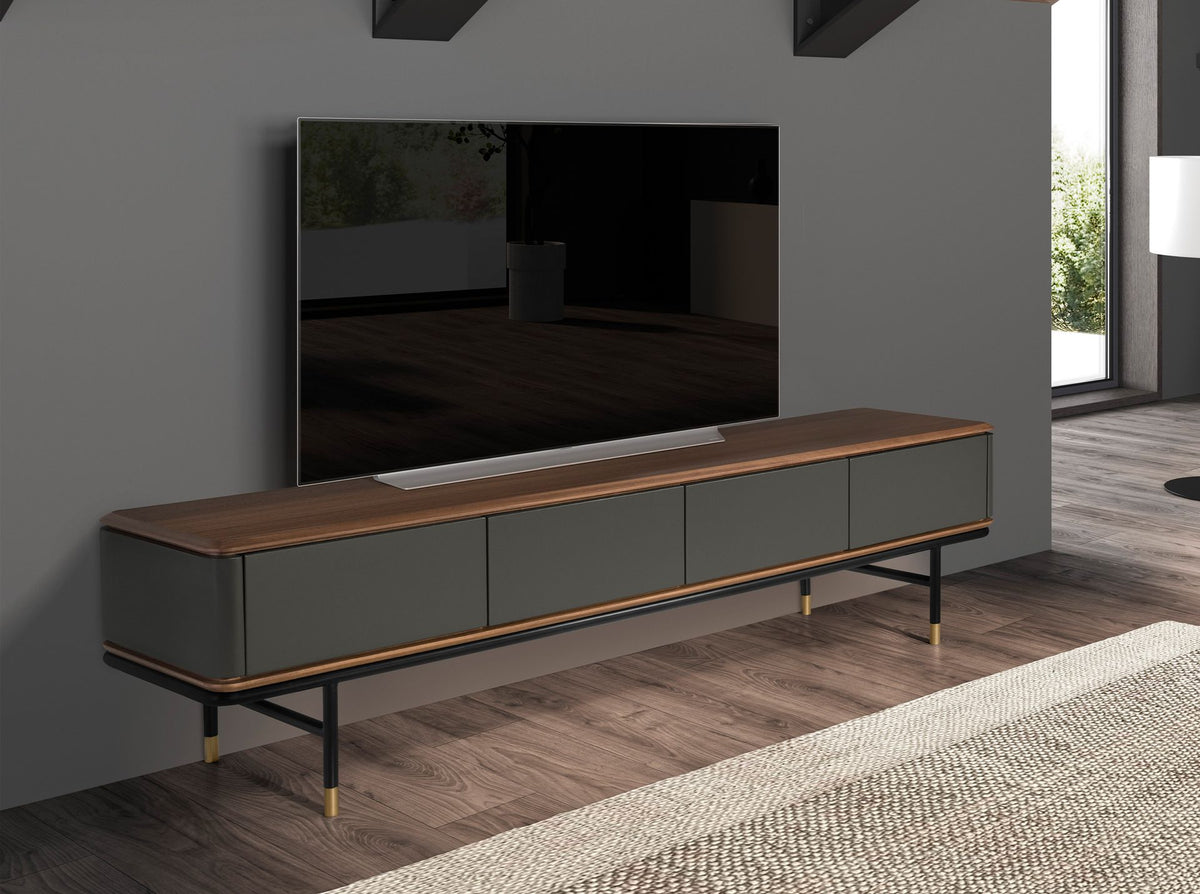 Porta TV in legno grigio scuro opaco, acciaio nero e piano in noce