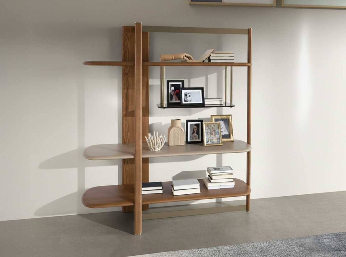 Libreria rettangolare sinistra in noce chiaro e legno color greige