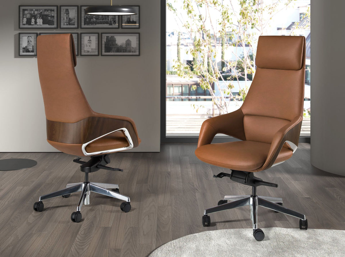 Sedia girevole da ufficio in similpelle marrone