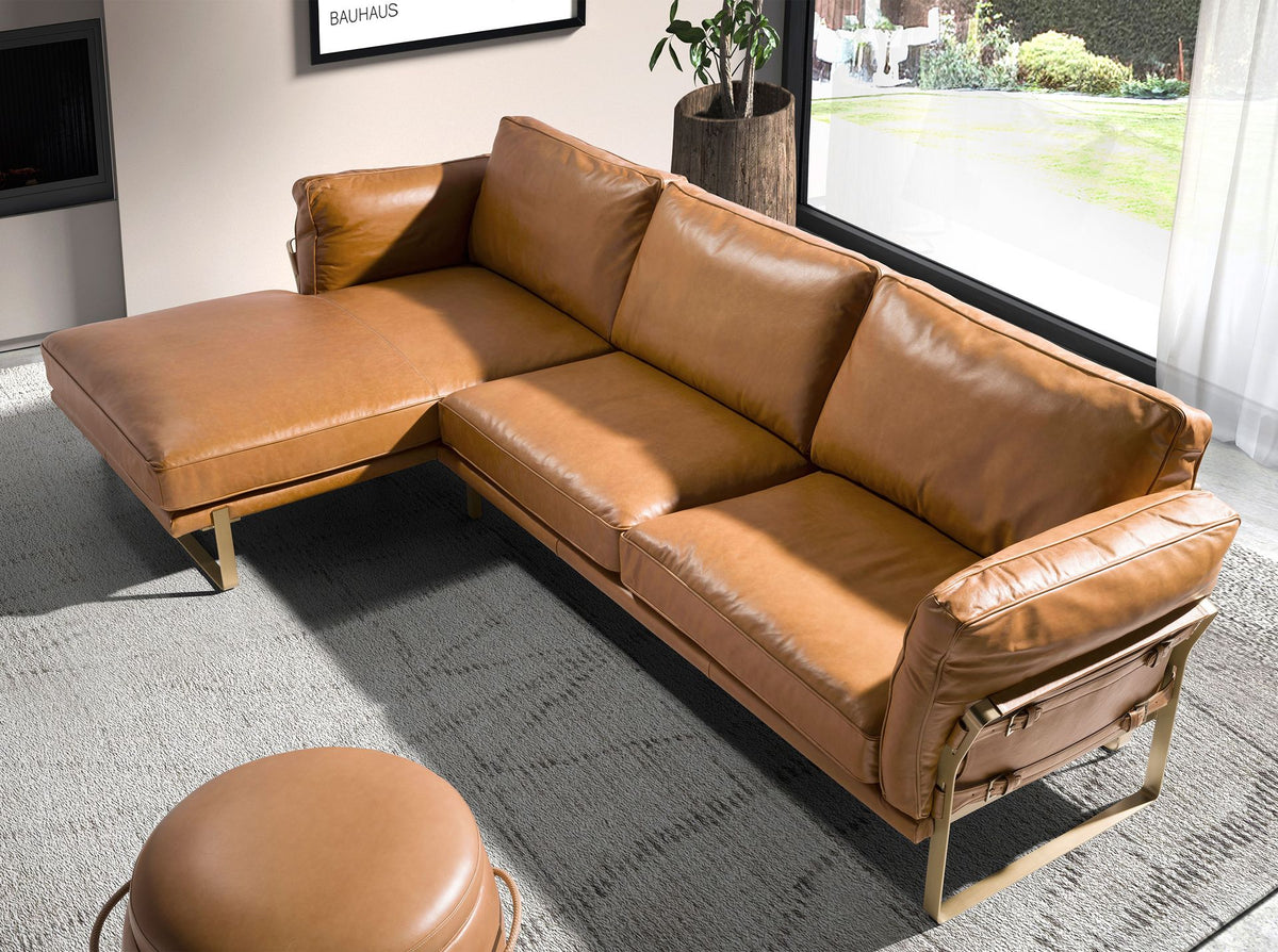 Divano con chaise longue sinistro in pelle di cammello
