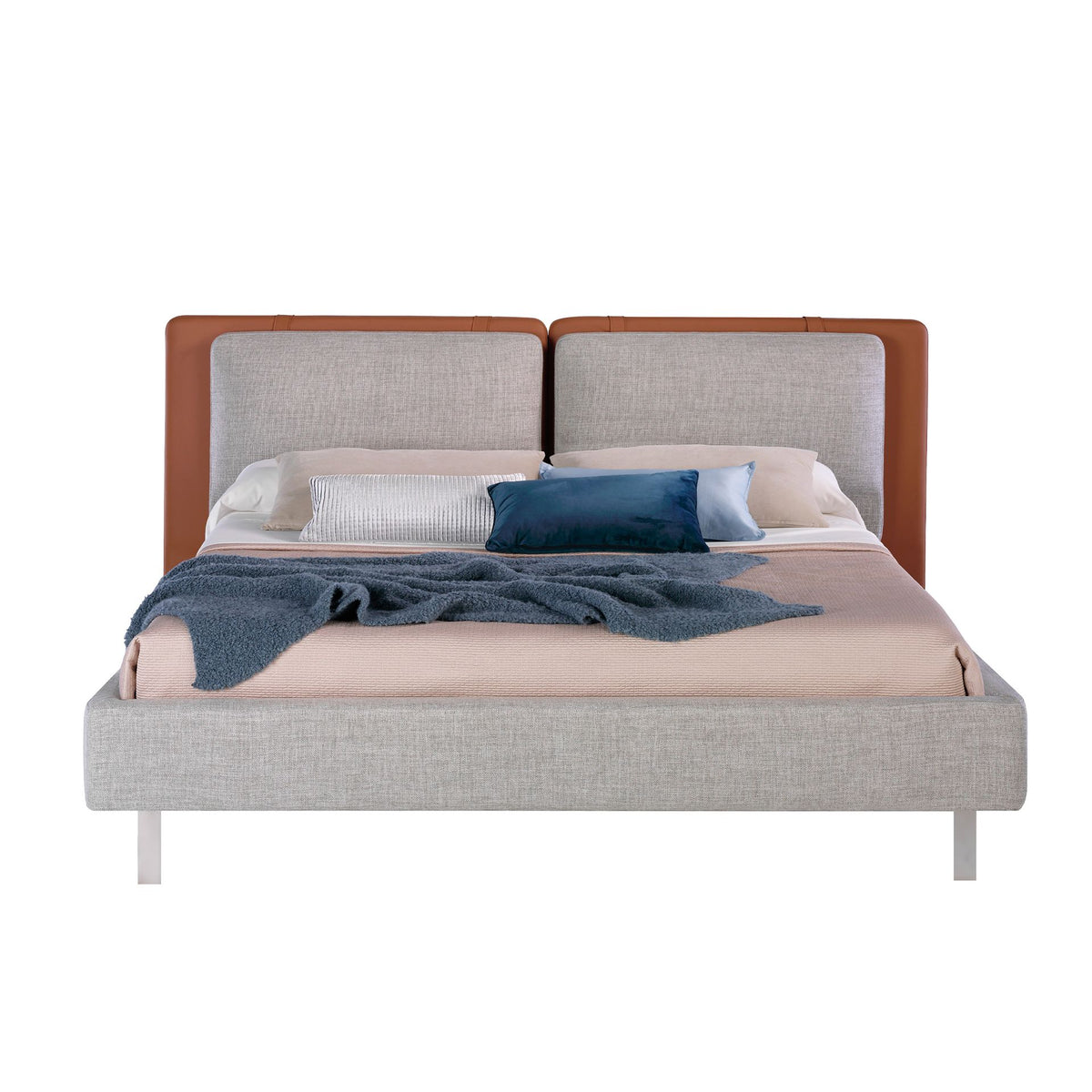 Letto in ecopelle marrone e tessuto grigio
