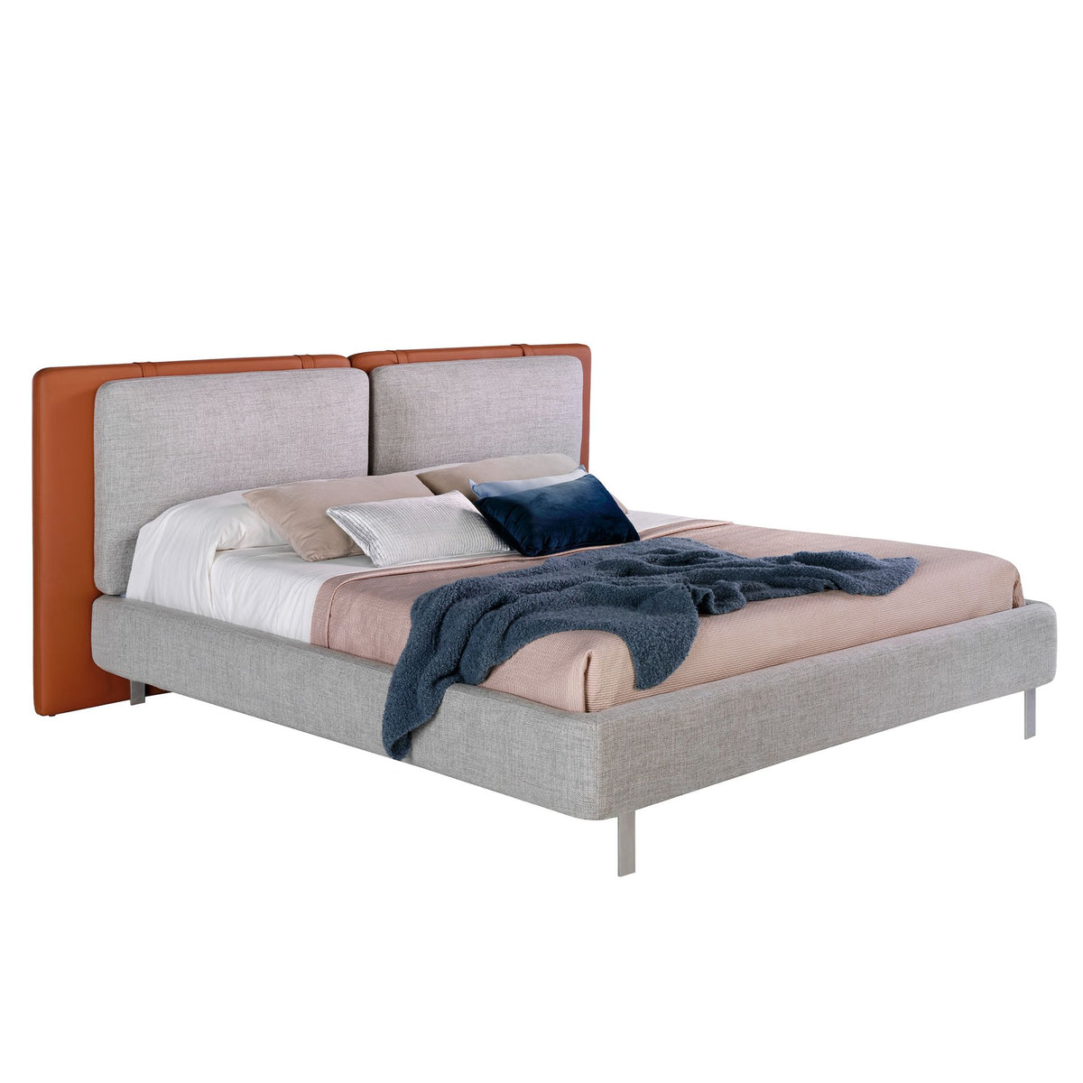 Letto in ecopelle marrone e tessuto grigio