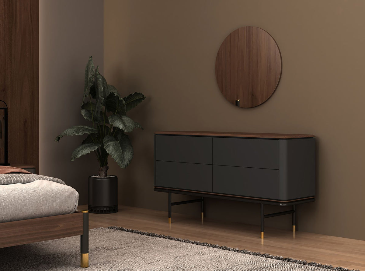 Cassettiera in legno grigio scuro opaco, acciaio nero e piano in noce