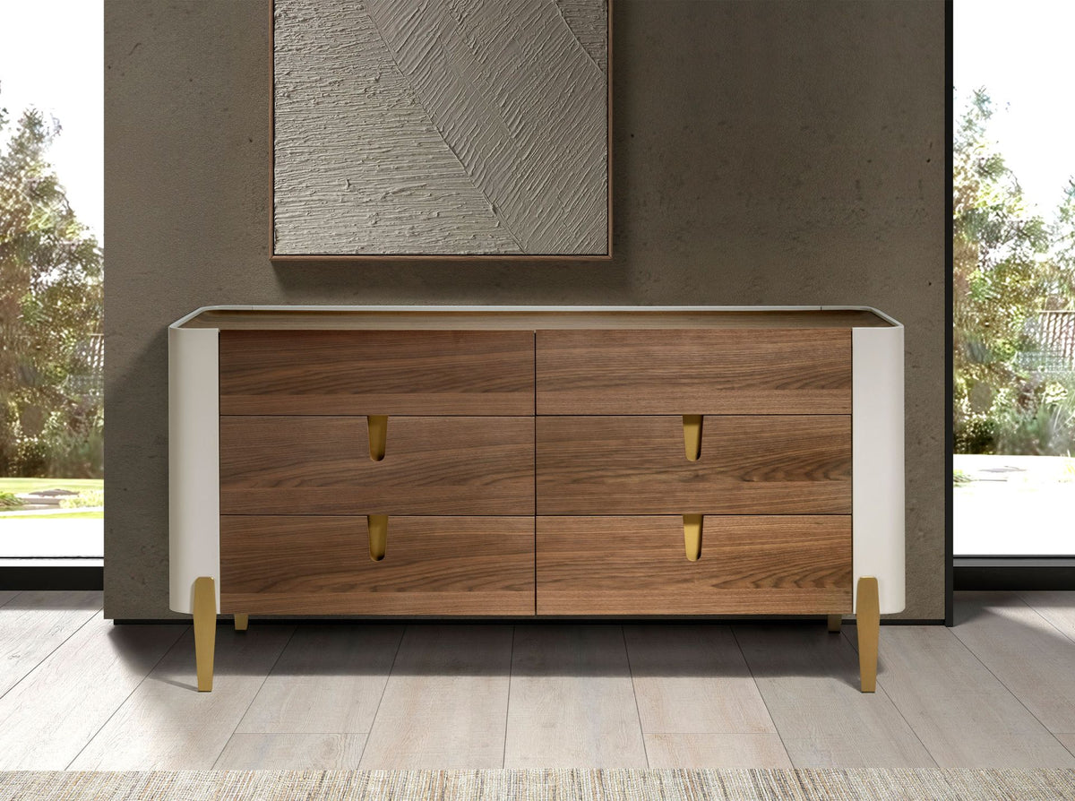 Cassettiera in legno beige, acciaio lucido dorato e piano in noce