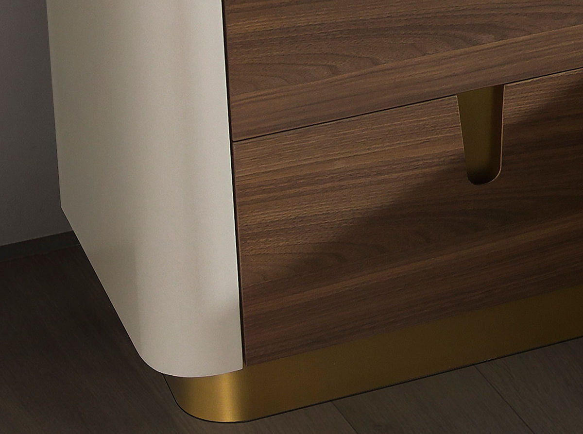 Comodino noce, beige, acciaio lucido dorato e piano in noce