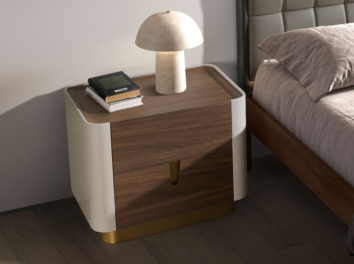 Comodino noce, beige, acciaio lucido dorato e piano in noce