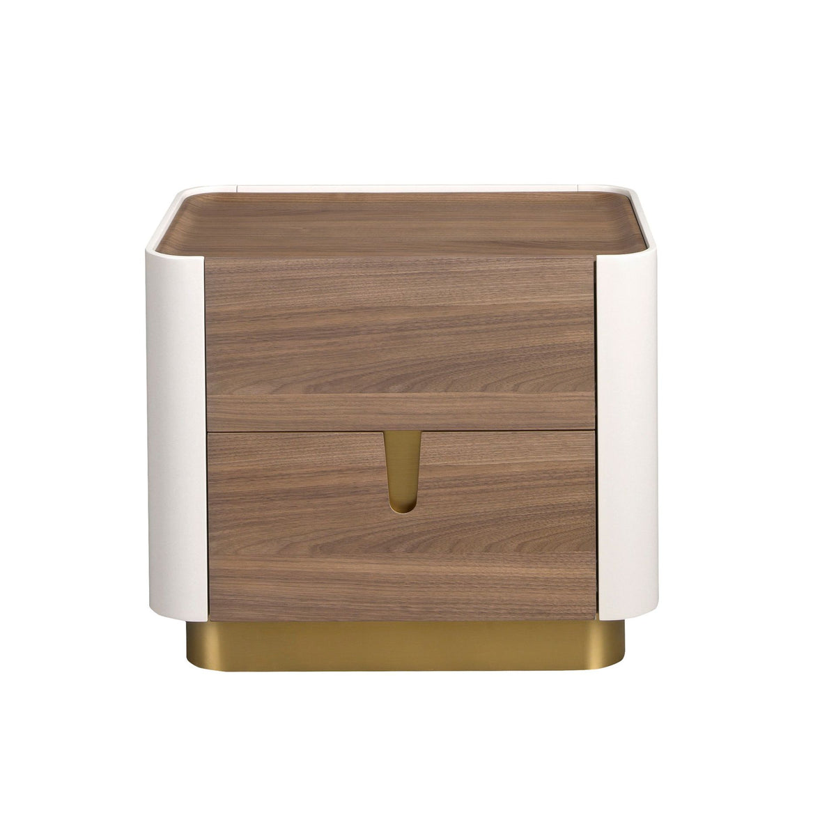 Comodino noce, beige, acciaio lucido dorato e piano in noce