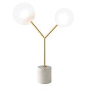 Lampada da tavolo in marmo bianco, acciaio dorato e vetro bianco