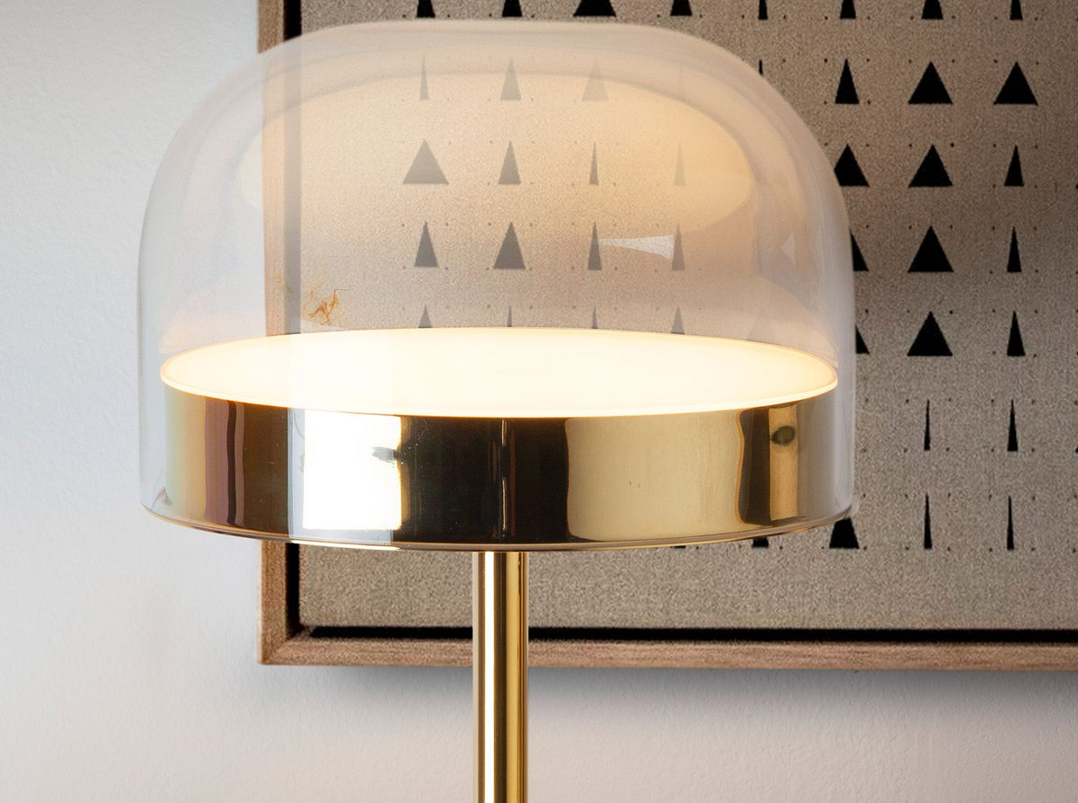 Lampada da tavolo in acciaio e vetro trasparente