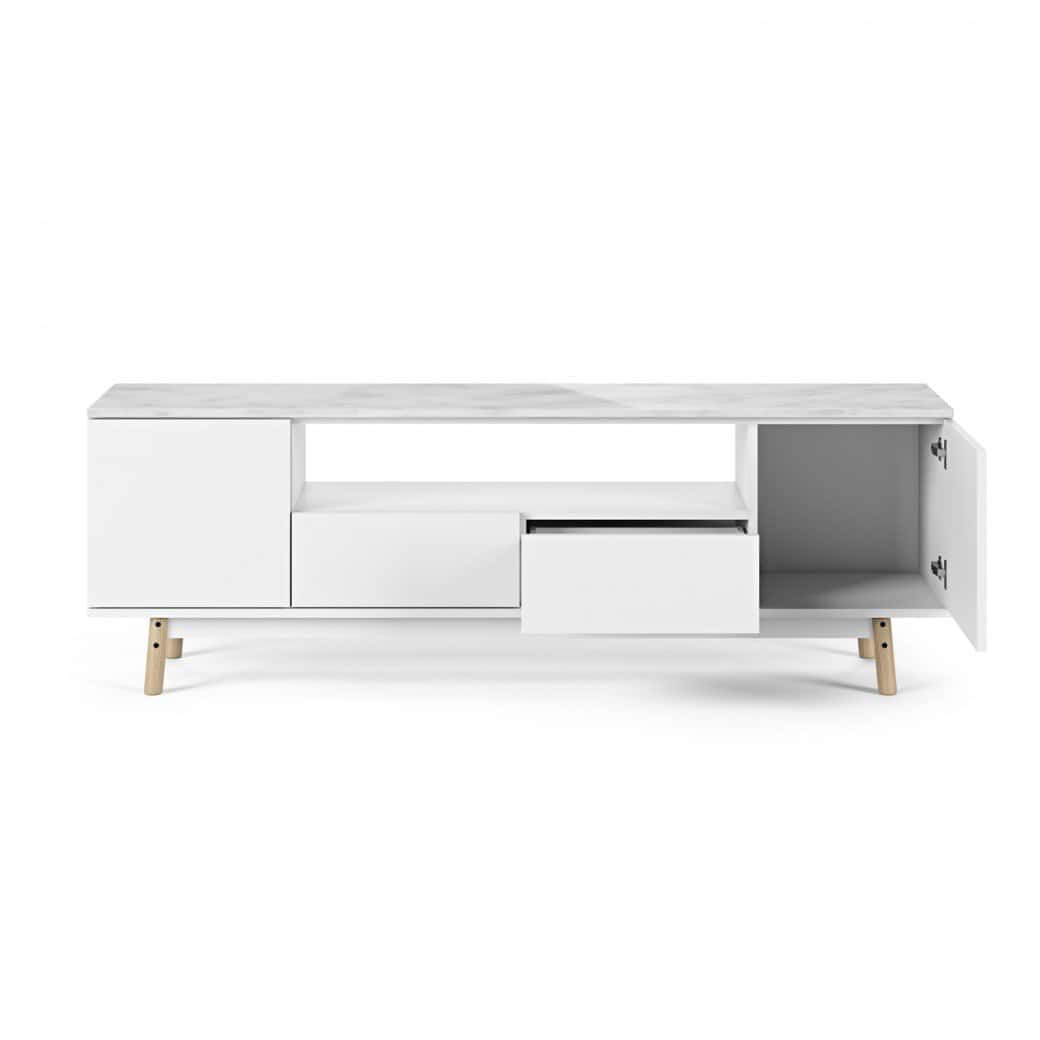9500.639364-lyon_tv_table-white_marble-pure_white-oak_feet-open_drawers-doors_1