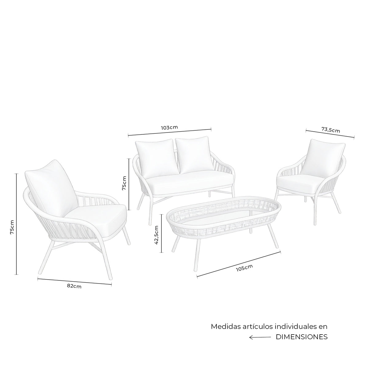 Set da giardino SALONICA – divano, 2 poltrone e tavolino