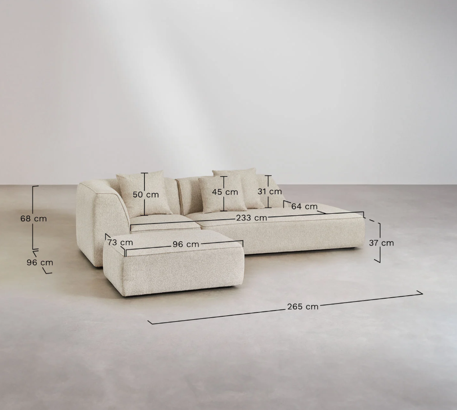 Divano angolare componibile Cardea 2 pezzi con chaise longue destra o sinistra e pouf imbottito - Sfoderabile Bouclè beige Crema