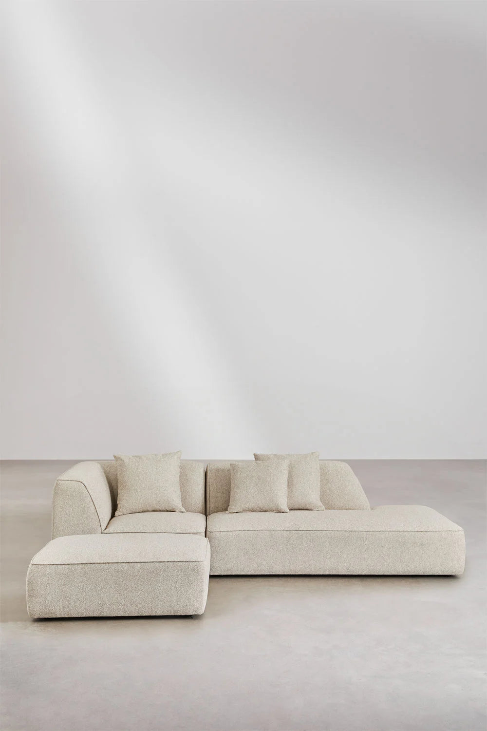 Divano angolare componibile Cardea 2 pezzi con chaise longue destra o sinistra e pouf imbottito - Sfoderabile Bouclè beige Crema