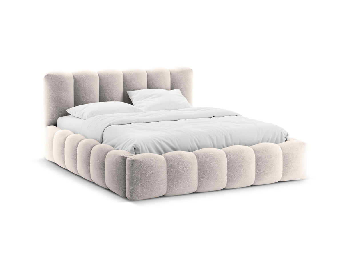 Letto con Contenitore e Testata in Bouclé, "Lupine", 226x206x95 - Grigio Chiaro