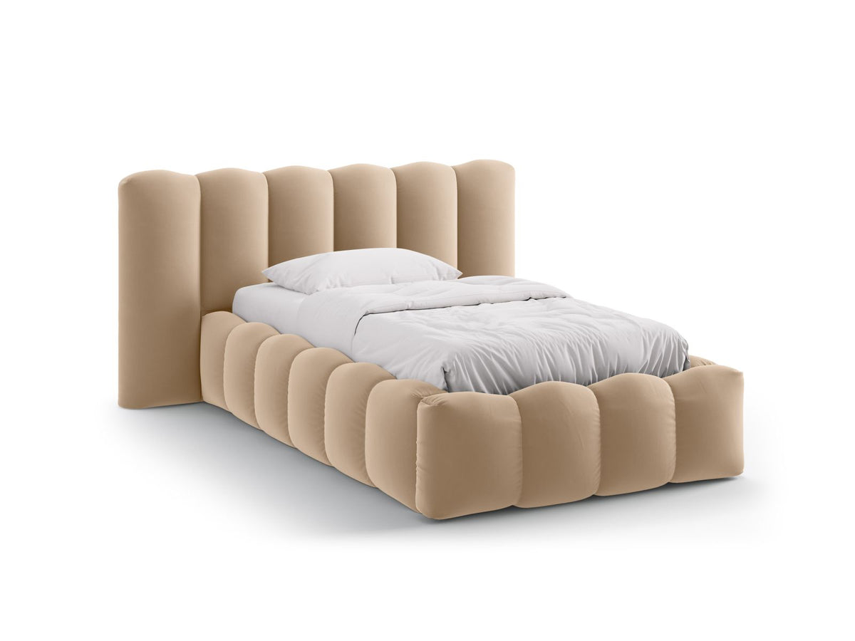 Letto con Contenitore e Testata in Velluto, "Lupine", 226x174x95 - Sabbia