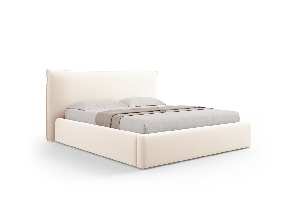 Letto con Contenitore e Testata in Velluto, "Kaelle", 223x180x111 - Beige Chiaro