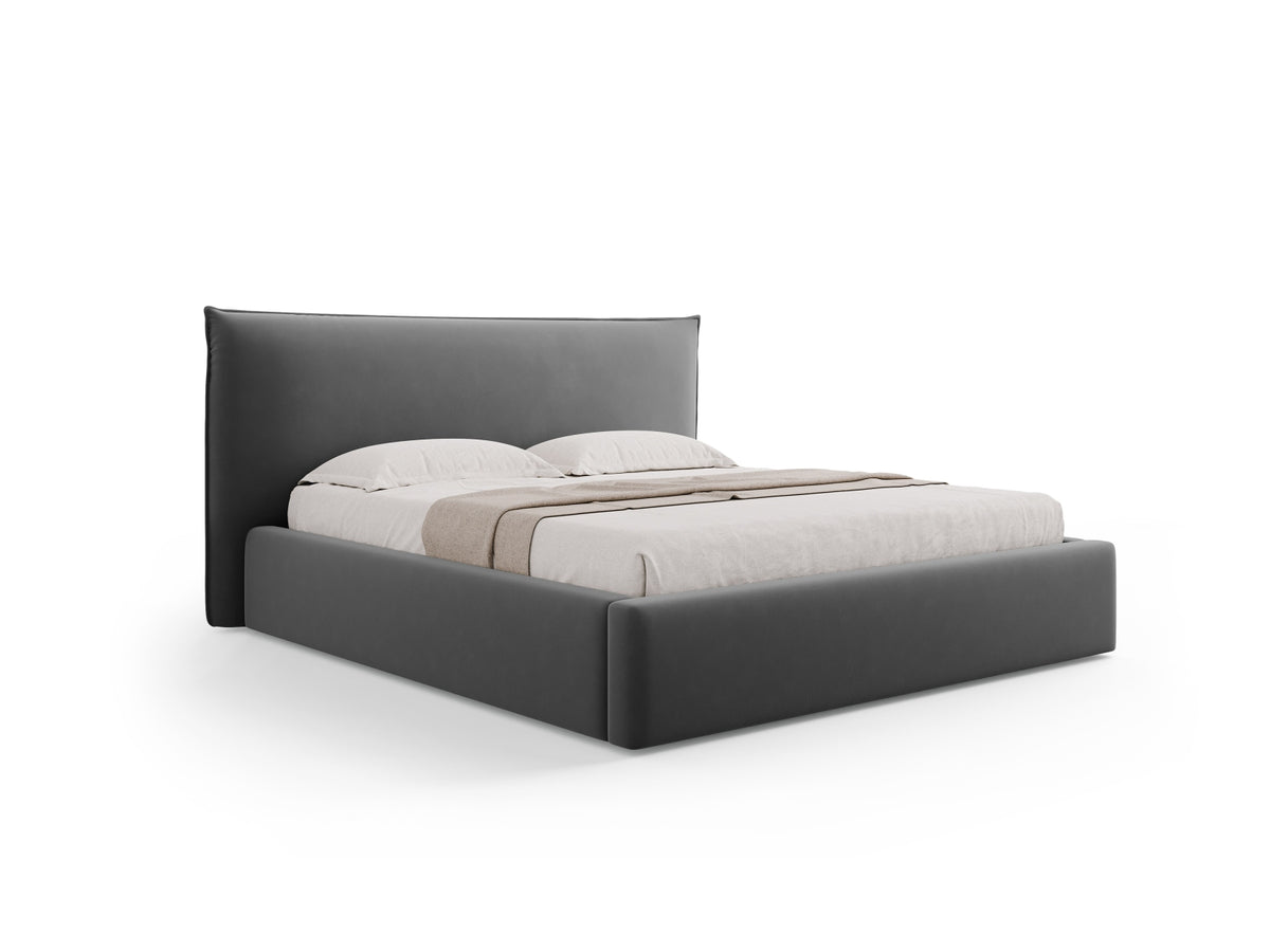 Letto con Contenitore e Testata in Velluto, "Kaelle", 223x200x111 - Grigio