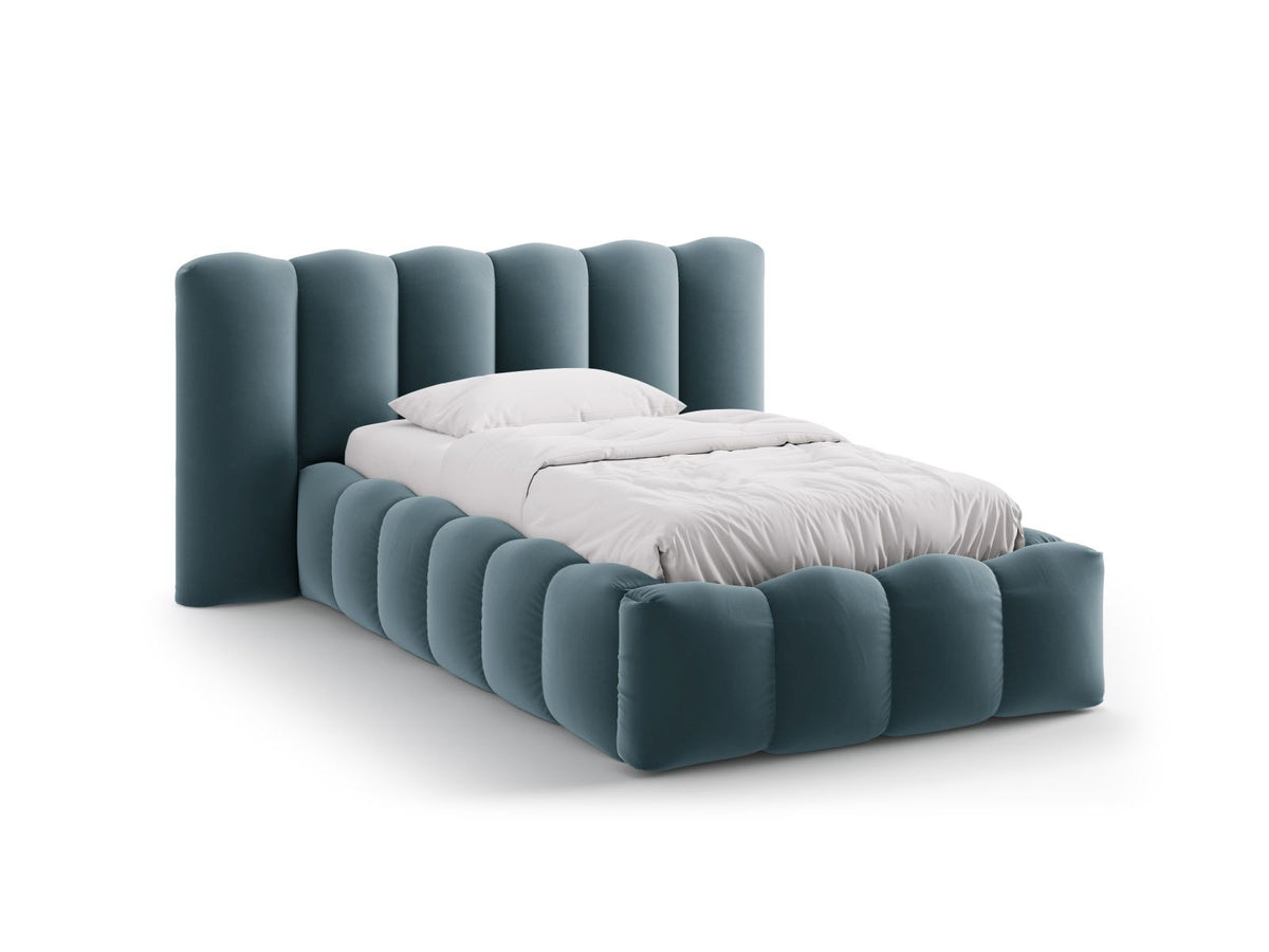 Letto con Contenitore e Testata in Velluto, "Lupine", 226x174x95 - Blu
