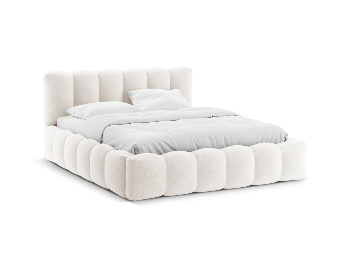 Letto con Contenitore e Testata in Bouclé, "Lupine", 226x206x95 - Bianco