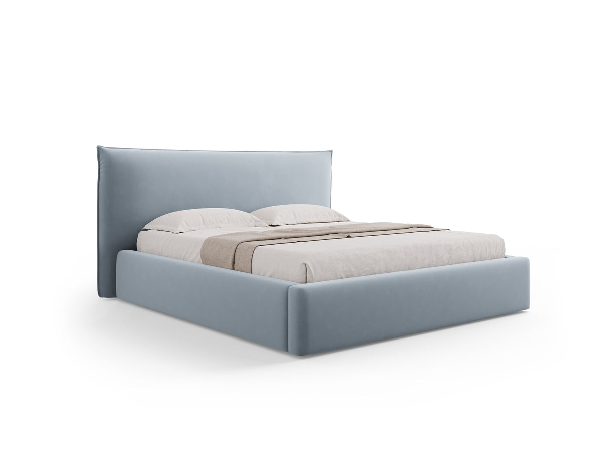 Letto con Contenitore e Testata in Velluto, "Kaelle", 223x240x111 - Blu Chiaro