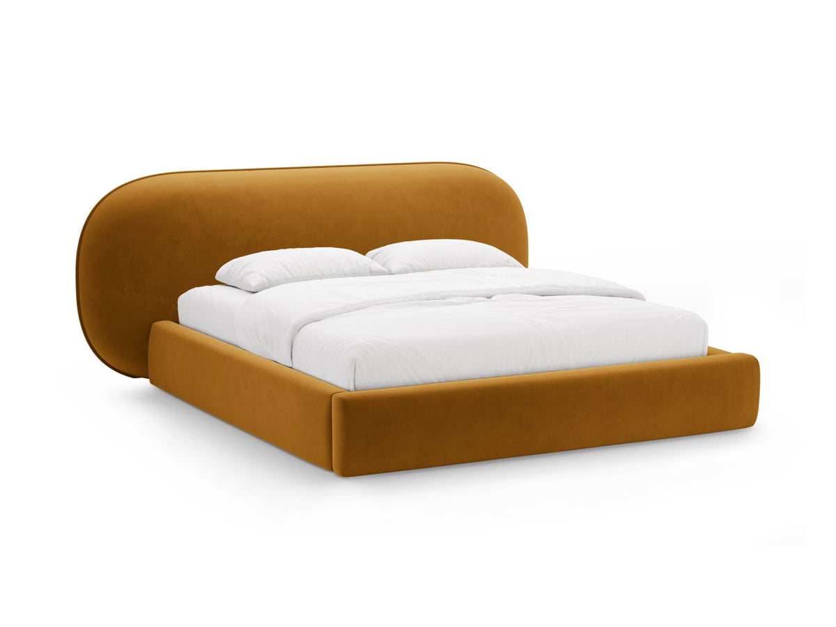 Letto con Contenitore e Testata in Velluto, "Ovalo", 234x270x96 - Senape