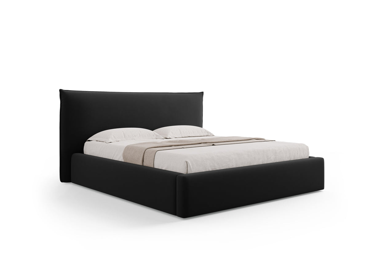Letto con Contenitore e Testata in Velluto, "Kaelle", 223x220x111 - Nero