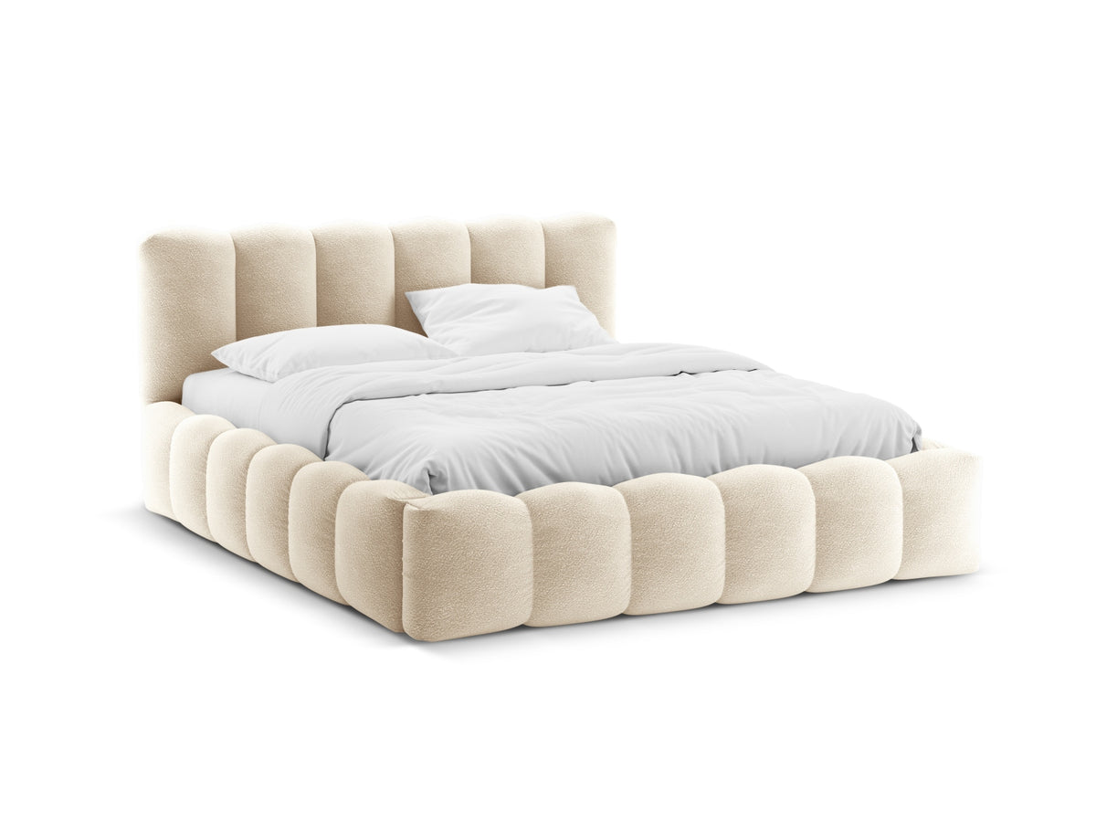Letto con Contenitore e Testata in Bouclé, "Lupine", 226x206x95 - Beige