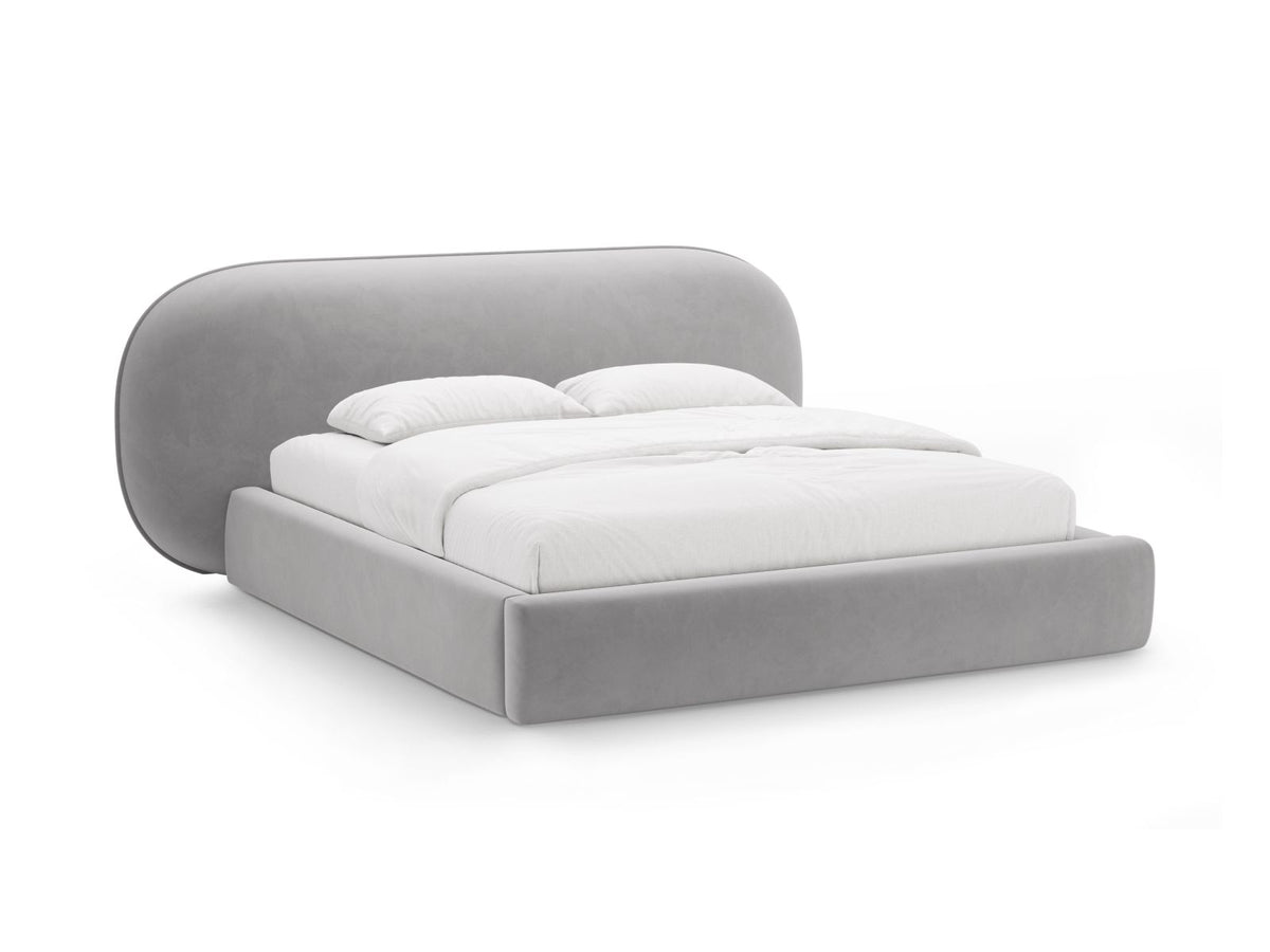 Letto con Contenitore e Testata in Velluto, "Ovalo", 234x290x96 - Grigio Chiaro