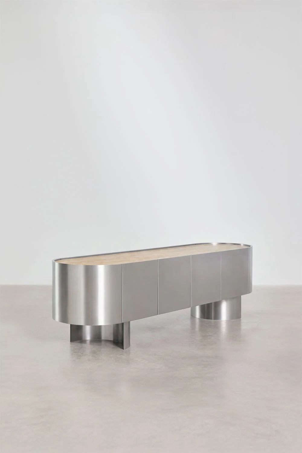 Mobile TV 180x40 cm in acciaio inox e travertino Luena