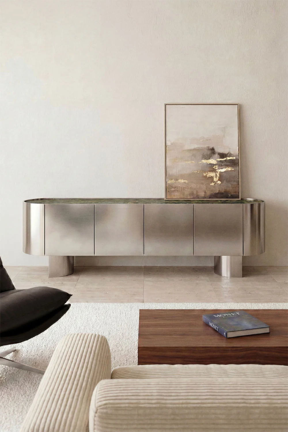 Mobile TV 180x40 cm in acciaio inox e travertino Luena