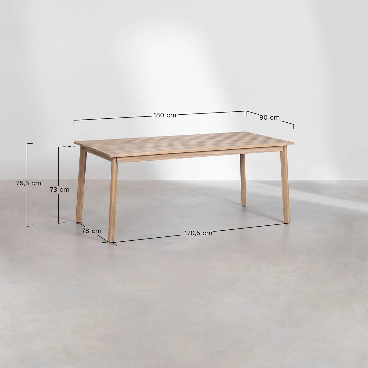 Set Kaela - Set da tavolo rettangolare 180x90 cm e 6 sedie da giardino in legno di acacia e corda intrecciata